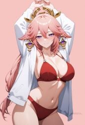 ai_generated animal_ears arms_up bikini blush breasts cleavage closed_mouth collarbone cowboy_shot earrings female floppy_ears fox_ears genshin_impact hair_between_eyes hair_ornament jacket jewelry large_breasts long_hair long_sleeves looking_at_viewer navel open_clothes open_jacket pink_background pink_hair purple_eyes red_bikini shadowrealmarts simple_background smile solo stomach swimsuit thighs uncensored very_long_hair white_jacket yae_miko