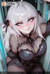 ai_generated bangs black_ribbon blush breasts cleavage closed_mouth dollmaker dollmaker_(artist) dress eyebrows_visible_through_hair female hair_between_eyes hair_ribbon heart heart-shaped_pupils large_breasts long_hair looking_at_viewer patreon_logo patreon_username recording ribbon silver_hair smile solo sparkle symbol-shaped_pupils tagme watermark
