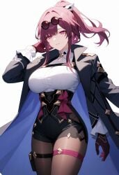 ai_generated black_jacket black_shorts breasts brown_pantyhose coat collared_shirt cowboy_shot eyewear_on_head female gloves hand_up harness high-waist_shorts jacket kafka_(honkai:_star_rail) large_breasts long_hair long_sleeves looking_at_viewer open_clothes pantyhose pantyhose_under_shorts parted_lips ponytail purple_eyes purple_gloves purple_hair round_eyewear shadowrealmarts shirt shorts sidelocks simple_background solo sunglasses thigh_strap thighs uncensored white_background white_shirt