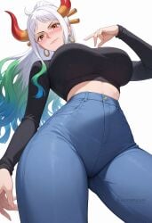 ahoge ai_generated alternate_costume black_shirt blue_pants blush breasts closed_mouth crop_top cropped_shirt curled_horns denim earrings female from_below gradient_hair green_hair hair_ornament hair_stick high-waist_pants hoop_earrings horns jeans jewelry large_breasts long_hair long_sleeves looking_at_viewer midriff multicolored_hair multicolored_horns one_piece orange_eyes pants red_horns shadowrealmarts shirt simple_background smile solo uncensored white_background white_hair yamato_(one_piece)