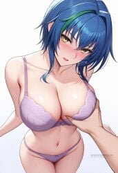 1boy ai_generated artist_name bare_shoulders blue_hair blush bra breasts cleavage collarbone female grabbing grabbing_another's_breast green_hair guiding_hand hair_between_eyes high_school_dxd large_breasts looking_at_viewer multicolored_hair navel open_mouth panties patreon_username pov purple_bra purple_panties shadowrealmarts short_hair simple_background solo_focus stomach straight streaked_hair thighs two-tone_hair uncensored underwear underwear_only white_background xenovia_quarta yellow_eyes