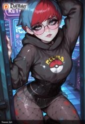 ai_generated blue_hair breasts computer dollmaker dollmaker_(artist) female fishnet_legwear fishnets freckles glasses hood hood_down hoodie keyboard_(computer) looking_at_viewer monitor multicolored_hair pantyhose patreon_logo patreon_username penny_(pokemon) red_hair solo tagme television watermark