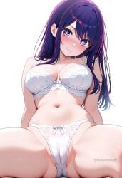 ai_generated artist_name bare_shoulders blush bow bow_bra bow_panties bra breasts cameltoe cleavage closed_mouth collarbone female hoshino_ai hoshino_ai_(oshi_no_ko) large_breasts long_hair looking_at_viewer navel oshi_no_ko panties patreon_username purple_eyes purple_hair shadowrealmarts simple_background sitting smile solo spread_legs star-shaped_pupils star_(symbol) star_in_eye stomach symbol-shaped_pupils symbol_in_eye thighs uncensored underwear underwear_only white_background white_bra white_panties