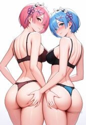 2girls ai_generated artist_name ass ass_grab ass_support back bare_shoulders black_bra black_panties blue_bra blue_eyes blue_hair blush bra breasts closed_mouth cowboy_shot from_behind grabbing_another's_ass hair_ornament hair_over_one_eye hair_ribbon incest large_breasts lingerie looking_at_viewer looking_back maid_headdress medium_breasts multiple_girls panties parted_lips patreon_username pink_eyes pink_hair ram_(re:zero) re:zero_kara_hajimeru_isekai_seikatsu red_bra red_panties ribbon shadowrealmarts short_hair shoulder_blades siblings simple_background sisters smile thighs thong twins uncensored underwear underwear_only white_background x_hair_ornament