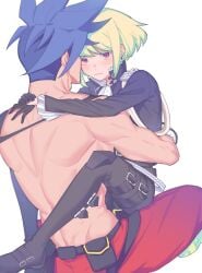 2boys androgynous blush embarrassed femboy fully_clothed galo_thymos gay hug lio_fotia male on_lap promare questionable size_difference twink yaoi