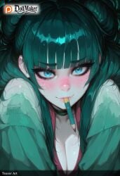 ai_generated aqua_hair artist_name bangs blunt_bangs blush breasts cleavage deviantart_username dollmaker dollmaker_(artist) female food food_in_mouth green_hair long_hair looking_at_viewer lying mouth_hold patreon_username popsicle smile solo sweat tagme twitter_username underwear watermark web_address