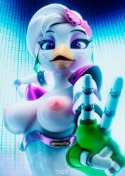 2025 3d_(artwork) accessory animatronic anthro armlet avian beak big_breasts bird blue_eyes bow_ribbon breasts chicken cinema_4d_(artwork) digital_media_(artwork) ear_piercing ear_ring exposed_breasts eyeshadow female five_nights_at_freddy's five_nights_at_freddy's:_security_breach galliform gallus_(genus) gesture glamrock_chica_(fnaf) glistening glistening_body hair hair_accessory hair_ribbon hairbow hand_behind_head hand_gesture hi_res looking_at_viewer machine makeup nipples non-mammal_breasts non-mammal_nipples open_mouth open_smile phasianid piercing purple_eyeshadow ribbons ring_piercing robot robot_anthro scottgames short_hair smile smiling_at_viewer solo steel_wool_studios v_sign watermark white_body zuse_(artist)