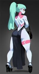 1girls ai_assisted ai_generated alternate_costume backless_dress backless_outfit bag bare_back black_dress colored_sclera colored_skin cyberpunk:_edgerunners cyberpunk_2077 cyborg dress ear facing_away female green_hair handbag high_heels highres honkibooty long_hair ponytail rebecca_(edgerunners) red_eyes red_sclera wide_hips