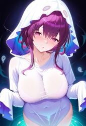 :o ai_generated alternate_costume blush bra breasts collarbone covered_navel cowboy_shot dress female ghost ghost_costume ghost_pose halloween halloween_costume honkai:_star_rail hood kafka_(honkai:_star_rail) large_breasts long_hair long_sleeves looking_at_viewer parted_lips purple_eyes purple_hair ripples see-through shadowrealmarts sidelocks sleeves_past_fingers sleeves_past_wrists solo thigh_gap thighs uncensored water white_dress