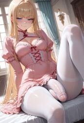 1futa ai_generated balls bedroom big_penis blonde_hair cleavage dress frills futa_only futanari hime_cut hime_girl_(jamesbron) indoors intersex jamesbron knee_up large_penis legwear long_hair looking_at_viewer on_bed pantyhose penis penis_bulge penis_focus penis_in_pantyhose pink_dress sitting sitting_on_bed small_breasts smug solo solo_futa white_legwear white_pantyhose wide_hips