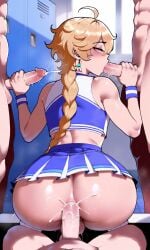1femboy 4boys aether_(genshin_impact) ai_generated anal anal_sex ass big_ass blonde_hair blowjob braided_ponytail cheerleader cheerleader_uniform crop_top cum_in_ass double_handjob earring femboy gangbang genshin_impact indoors locker_room male male_on_femboy male_on_male pixai riding riding_penis self_upload skirt superdomfuta thiccwithaq_(ai_style) wristband yaoi