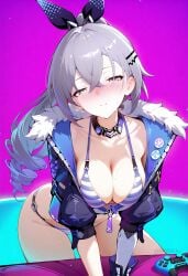 ai_generated alternate_breast_size bikini black_jacket blush breasts choker cleavage collarbone controller crossed_bangs drill_hair female fur-trimmed_jacket fur_trim game_controller gloves grey_eyes grey_hair hair_between_eyes hair_ornament hairclip jacket large_breasts leaning_forward long_hair looking_at_viewer ponytail shadowrealmarts silver_wolf_(honkai:_star_rail) solo striped_bikini striped_clothes sweat swimsuit thighs uncensored