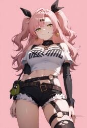 ai_generated bare_shoulders belt black_ribbon black_shorts black_thighhighs breasts cleavage closed_mouth cowboy_shot crop_top cutoffs detached_sleeves earrings female from_below green_eyes hair_ornament hair_ribbon hairclip heart heart_earrings jewelry large_breasts long_hair long_sleeves looking_at_viewer micro_shorts midriff mole mole_on_breast mole_under_eye nail_polish navel nicole_demara o-ring pink_background pink_hair pink_nails ribbon shadowrealmarts shirt short_shorts short_sleeves shorts simple_background single_thighhigh smile solo standing stomach strapless thigh_strap thighhighs thighs torn_clothes torn_thighhighs tube_top two_side_up uncensored zenless_zone_zero