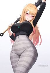 ai_generated arm_up artist_name black_shirt blonde_hair blush breasts closed_mouth club_(weapon) colored_tips cosplay earrings female gradient_hair grey_pants high-waist_pants holding holding_weapon jewelry kanabou kitagawa_marin large_breasts long_hair long_sleeves looking_at_viewer multicolored_hair my_dress_up_darling necklace pants piercing red_eyes shadowrealmarts shirt smile solo spiked_club thighs tight_clothes uncensored weapon white_background