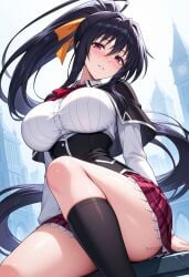 ai_generated artist_name black_capelet black_hair black_socks blush breasts capelet clock collared_shirt female hair_between_eyes hair_ribbon high_school_dxd himejima_akeno kneehighs large_breasts long_hair long_sleeves looking_at_viewer parted_lips plaid plaid_skirt ponytail purple_eyes red_skirt ribbon school_uniform shadowrealmarts shirt sitting skirt smile socks solo thighs uncensored very_long_hair white_shirt