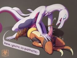 anthro balls bodily_fluids bondage bondage bound buizel cum cumshot dominant dominant_female duo ejaculation erection facesitting female generation_4_pokemon generation_7_pokemon genital_fluids genitals hi_res male male/female n1k0 nintendo open_mouth orange_body orgasm penis pokemon pokemon_(species) restraints salazzle sitting_on_another submissive tail text tongue