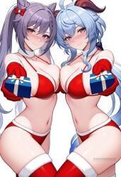 2girls ahoge ai_generated alternate_costume asymmetrical_docking bare_shoulders bikini blue_hair blush bow box breast_press breasts christmas cleavage closed_mouth collarbone cone_hair_bun double_bun elbow_gloves fur-trimmed_bikini fur-trimmed_gloves fur_trim ganyu_(genshin_impact) genshin_impact gift gift_box gloves goat_horns hair_bun hairbow holding holding_gift horns keqing_(genshin_impact) large_breasts long_hair looking_at_viewer multiple_girls navel purple_eyes purple_hair red_bikini red_gloves santa_bikini shadowrealmarts sidelocks simple_background smile stomach swimsuit symmetrical_docking thighhighs thighs twintails uncensored white_background