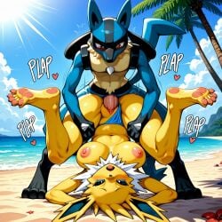 1boy 1girls 5_toes ai_generated anthro beach big_penis bikini_aside bikini_bottom_aside bodily_fluids breasts eeveelution feet_up female flower grabbing_legs grabbing_thighs hand_behind_head heat jolteon looking_pleasured lucario male moaning motion_lines navel nipples nude palm_tree penis piledriver_position plant pokemon pokemon_(species) pussy seaside serbm sound_effects spread_legs topless vaginal_penetration