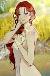 areola areolae blush blush boobs_out breasts breasts korean lysithea_hilenaire_del_arman manhwa nipples red_hair sex teasing teasing_viewer towel_over_breasts winter_wolf winter_wolf_(manhwa)