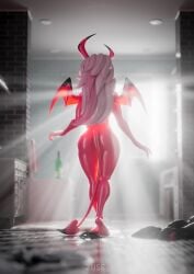 3d_(artwork) absurd_res ass bathroom clothing_on_floor demon demon_humanoid digital_media_(artwork) female floor hair helluva_boss hi_res horn humanoid inside light long_hair membrane_(anatomy) membranous_wings nude nude_female nude_humanoid pink_body pink_skin rear_view solo spade_tail succubus sunlight tail tile tile_floor verosika_mayday verosika_mayday_(helluva_boss) walking watermark wings zuse_(artist)