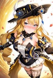 ai_generated bare_shoulders black_gloves black_headwear blonde_hair blue_eyes blush breasts cleavage closed_mouth detached_collar detached_sleeves dress drill_hair drill_sidelocks female flower gem genshin_impact gloves hat hat_feather hat_flower jewelry large_breasts long_hair looking_at_viewer navia_(genshin_impact) necklace petals shadowrealmarts sidelocks smile solo strapless strapless_dress thighhighs thighs uncensored very_long_hair