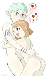 2girls absurdres ass blue_eyes blush breasts brown_hair character_request dungeon_meshi ear_piercing elf garethue8 grey_hair heart highres hug medium_breasts multiple_girls nipples one_eye_closed open_mouth otta_(dungeon_meshi) piercing pointy_ears pussy red_eyes short_hair simple_background smile spoken_heart very_short_hair white_background yuri