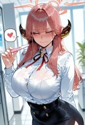 1girls ai_generated aru_(blue_archive) ass big_breasts blue_archive breasts female female_focus gehenna_academy_student hips horns huge_ass huge_breasts large_breasts light-skinned_female long_hair looking_pleasured nervous pink_hair pregnancy_test problem_solver_68_(blue_archive) sweat thick_thighs thighs wide_hips yellow_eyes