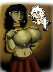 1girls big_breasts black_hair boy_saltiest lifting_shirt milf mysaltisexposed rosemary_walten sha_(the_walten_files) sheep sweat the_walten_files
