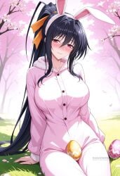 ai_generated animal_ears artist_name black_hair blush breasts cherry_blossoms closed_mouth easter_egg egg fake_animal_ears falling_petals female grass hair_between_eyes hair_ribbon hairband high_ponytail high_school_dxd himejima_akeno hood large_breasts long_hair long_sleeves looking_at_viewer on_grass orange_ribbon outdoors petals ponytail purple_eyes rabbit_costume rabbit_ears ribbon shadowrealmarts sidelocks sitting smile solo uncensored very_long_hair white_hairband