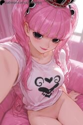 1girls ai_generated black_eyes blunt_bangs blush bottomless closed_mouth clowenqq female female_focus female_only from_above half_naked indoors long_hair looking_at_viewer looking_up no_panties one_piece perona pink_hair pussy selfie shirt shirt_only sitting smile solo solo_female solo_focus thighs twintails uncensored