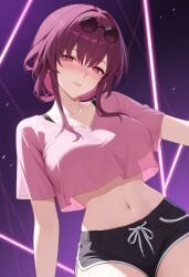 ai_generated alternate_costume black_shorts blush breasts collarbone cowboy_shot crop_top crop_top_overhang cropped_shirt dolphin_shorts eyewear_on_head female honkai:_star_rail kafka_(honkai:_star_rail) large_breasts long_hair looking_at_viewer midriff navel parted_lips pink_shirt purple_background purple_eyes purple_hair round_eyewear shadowrealmarts shirt short_shorts short_sleeves shorts sidelocks smile solo stomach sunglasses thighs uncensored