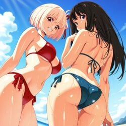 2girls ai_generated akai_yume bikini blue_bikini females_only inoue_takina lycoris_recoil nishikigi_chisato red_bikini swimsuit