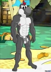 anthro balls beach black_body black_scales black_yoshi ciel-wolf clothing dinosaur dragon footwear genitals male mario_bros muscular muscular_anthro muscular_male mythological_creature mythological_scalie mythology nintendo nipples outside paper_mario paper_mario:_the_thousand_year_door penis prehistoric_species reptile scales scalie shoes solo the_great_gonzales_jr underwear white_body white_scale yoshi