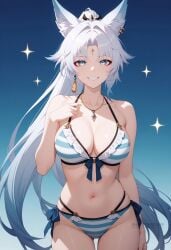 ai_generated animal_ear_fluff animal_ears bare_arms bare_shoulders bikini blue_background blue_eyes breasts cleavage collarbone cowboy_shot earrings facial_mark feixiao_(honkai:_star_rail) female fox_ears fox_girl frilled_bikini frills gradient_background gradient_hair grin halterneck jewelry large_breasts layered_bikini long_hair looking_at_viewer multicolored_hair navel necklace parted_bangs ponytail shadowrealmarts side-tie_bikini_bottom smile solo sparkle stomach string_bikini striped_bikini striped_clothes swimsuit uncensored very_long_hair white_hair