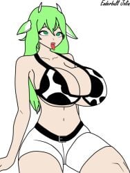 breasts cleavage cow_print female green_eyes green_hair horns huge_breasts navel short_shorts shorts solo tongue