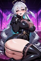 ai_generated ass bangs bimbo bimbofication black_dress black_footwear black_gloves black_lips black_thighhighs blush boots breasts cleavage corruption dress earrings female fishnets garter_straps gloves goth gothified green_eyes grey_hair hair_between_eyes hair_ornament halo head_wings high_heels honkai:_star_rail indoors jewelry large_breasts lipstick long_hair long_sleeves looking_at_viewer makeup parted_lips robin_(honkai:_star_rail) sitting skindentation smile solo tgv9173 thick_thighs thighhighs thighs very_long_hair virtual_youtuber white_hair wing_hair_ornament wings