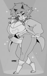 2025 2_horns 5_fingers anthro balls big_breasts bottomwear bovid breasts caprine chromapan cleavage clothed clothing crotchless_bottomwear crotchless_clothing crotchless_pants digit_ring digitigrade ear_piercing electronics eyebrow_through_hair eyebrows eyelashes eyewear fingernails fingers genitals goat greyscale gynomorph hair hi_res holding_microphone holding_object hooves horn intersex jacket jewelry mammal microphone monochrome nails necklace open_clothing open_jacket open_mouth open_smile open_topwear pants penis piercing signature smile solo sparkles sunglasses topwear translucent translucent_hair