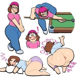 1girls anklet ass_bigger_than_head asshole blush brown_hair cute family_guy fat_ass feet female_focus female_only fingering fingering_self glasses hearts_around_head light-skinned_female lovetopullmicke masturbation meg_griffin pillow pillow_grab pink_lips playing_pool pool_table sleeping tongue_out toony