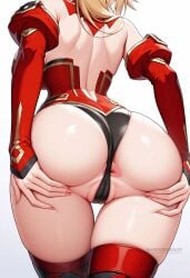 ai_generated anus anus_peek ass ass_focus back bandeau bare_shoulders black_panties blonde_hair braid breasts detached_collar detached_sleeves fate_(series) female fingernails from_behind hands_on_own_ass head_out_of_frame highleg large_breasts leotard long_hair long_sleeves mordred_(fate/apocrypha) panties ponytail puffy_sleeves red_sleeves red_thighhighs shadowrealmarts shoulder_blades simple_background solo spread_anus spread_ass strapless thighhighs thighs uncensored underwear web_address white_background