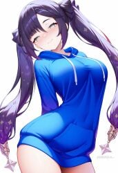 ai_generated alternate_costume aqua_eyes arms_behind_back asymmetrical_bangs black_hair blue_hoodie blush breasts closed_mouth covered_navel cowboy_shot drawstring female genshin_impact green_eyes hair_ornament hair_ribbon half-closed_eyes hood hood_down hoodie large_breasts long_hair long_sleeves looking_at_viewer mona_(genshin_impact) purple_hair ribbon shadowrealmarts simple_background smile solo star_(symbol) star_hair_ornament thighs twintails twitter_username uncensored white_background