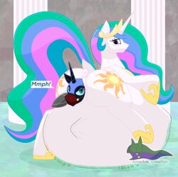absurd_res alicorn anus arceus_tummy belly big_belly blush cutie_mark duo endosoma equid equine female female/female feral friendship_is_magic gag genitals hasbro hi_res hoof_on_belly horn horse incest incest_(lore) mammal muzzle_gag my_little_pony mythological_creature mythological_equine mythology nightmare_moon_(mlp) nude onomatopoeia pony princess_celestia_(mlp) rear_view safe_vore simple_background smile sound_effects tail text unbirthing vaginal_penetration vore wings