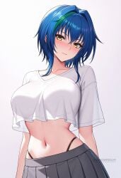 ai_generated black_panties blue_hair blush breasts closed_mouth collarbone crop_top crop_top_overhang cropped_shirt female green_hair grey_skirt hair_between_eyes hair_intakes high_school_dxd highleg large_breasts looking_at_viewer midriff multicolored_hair navel panties pleated_skirt shadowrealmarts shirt short_hair short_sleeves simple_background skirt solo stomach streaked_hair two-tone_hair uncensored underwear white_background white_shirt xenovia_quarta yellow_eyes