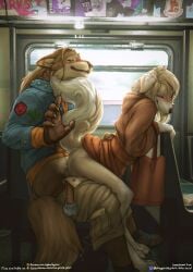 2025 absurd_res anthro biped blonde_hair blush bottomwear bottomwear_down brown_body brown_fur brown_hair canid canine canis claws closed_eyes clothed clothing denim denim_clothing denim_jacket denim_topwear digital_media_(artwork) digitigrade domestic_dog duo ear_piercing female female_anthro finger_claws footwear from_behind_position fur green_eyes hair hi_res industrial_piercing jacket johnathan_o'cain male male/female male_anthro mammal multicolored_body multicolored_fur open_bottomwear open_clothing open_pants orange_clothing orange_sweater orange_topwear pants pants_down partially_clothed paws piercing public public_sex public_transportation sammy_(sammypup) sex shoes smile sweater tan_body tan_fur the_gentle_giant toe_claws topwear wolf