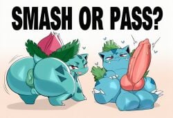 absurd_res ai_generated animal_genitalia anus ass backsack balls bedroom_eyes big_balls big_butt big_penis blush claws darkened_balls darkened_genitalia elemental_creature english_text erection feral flora_fauna generation_1_pokemon genitals heart hellsonger hi_res huge_balls huge_cock humanoid_genitalia ivysaur leaf looking_at_viewer looking_back male narrowed_eyes nintendo open_mouth penis plant pokemon pokemon_(species) presenting presenting_hindquarters red_eyes seductive simple_background smile solo text thick_thighs