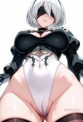 2b_(nier:automata) ai_generated artist_name ass_visible_through_thighs black_blindfold black_hairband black_thighhighs blindfold blush breasts cameltoe cleavage cleavage_cutout closed_mouth clothing_cutout covered_eyes covered_navel female from_below hairband highleg highleg_leotard juliet_sleeves large_breasts leotard long_sleeves mole patreon_username puffy_sleeves shadowrealmarts short_hair simple_background solo thighhighs thighs uncensored white_background white_hair white_leotard