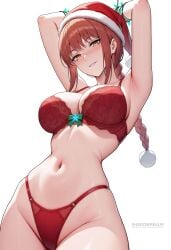 ai_generated armpits arms_up artist_name blush bra braid braided_ponytail breasts chainsaw_man christmas cleavage cowboy_shot female fur-trimmed_headwear fur_trim groin hat highleg highleg_panties large_breasts lingerie long_hair looking_at_viewer makima_(chainsaw_man) multi-strapped_panties navel orange_eyes panties parted_lips red_bra red_hair red_headwear red_panties ringed_eyes santa_hat shadowrealmarts sidelocks simple_background smile solo stomach string_panties thighs uncensored underwear underwear_only white_background yellow_eyes