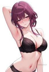ai_generated arm_behind_head arm_up armpits bare_arms bare_shoulders black_bra black_panties blush bra breasts cleavage closed_mouth collarbone female kafka_(honkai:_star_rail) lace-trimmed_bra lace_trim large_breasts lingerie long_hair looking_at_viewer navel panties parted_lips purple_eyes purple_hair shadowrealmarts sidelocks simple_background smile solo stomach uncensored underwear underwear_only upper_body white_background