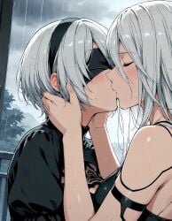 2girls ai_generated blindfold blush clothing eyes_closed female female_focus female_only girl_on_girl highres holding_face kiss kissing light-skinned_female nier:_automata outdoors rain wet_skin white_hair yorha_2b yorha_commander yuri