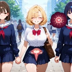 3girls ai_generated blonde_hair blue_hair brown_hair city cross_section crowd cum_in_uterus cum_inside cum_on_chin cum_on_clothes fallopian_tubes fertilization happy heart_ovum holding_hands impregnation large_breasts leaking_cum outside public school_uniform schoolgirl sensing_fertilization smiling sperm_meets_ovum suspicious trees uterus vagina walking x-ray