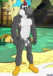 anthro balls beach black_body black_scales black_yoshi ciel-wolf clothing dinosaur dragon footwear genitals male mario_bros muscular muscular_anthro muscular_male mythological_creature mythological_scalie mythology nintendo nipples outside paper_mario paper_mario:_the_thousand_year_door penis prehistoric prehistoric_species reptile scales scalie shoes solo the_great_gonzales_jr underwear white_body white_scale yoshi